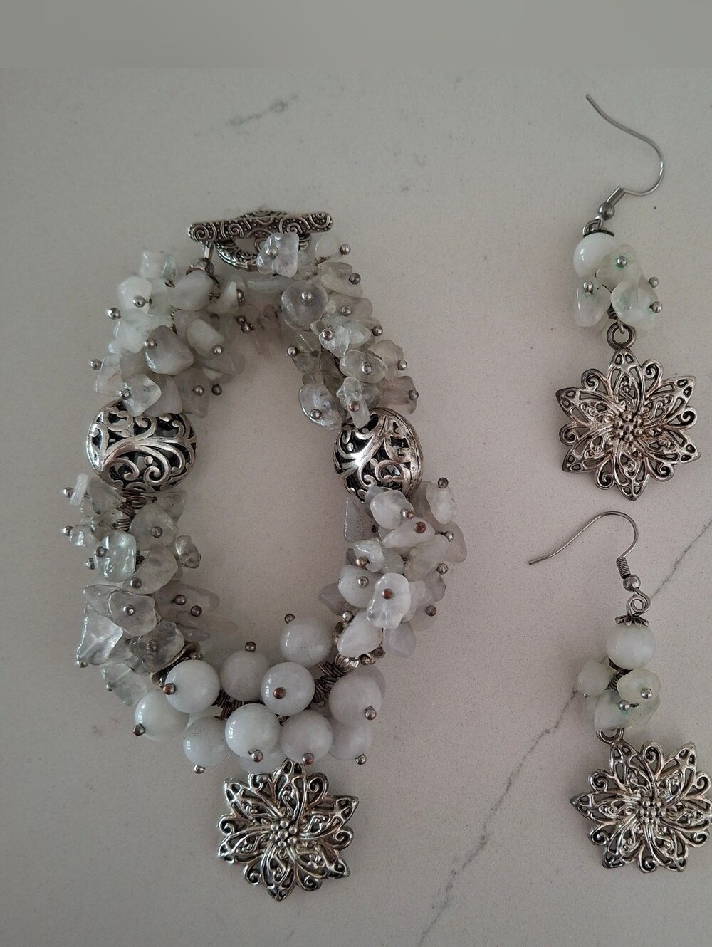 2-Pc Handcrafted White Jade & Quartz Snowflake Charm Bracelet & Earrings Set